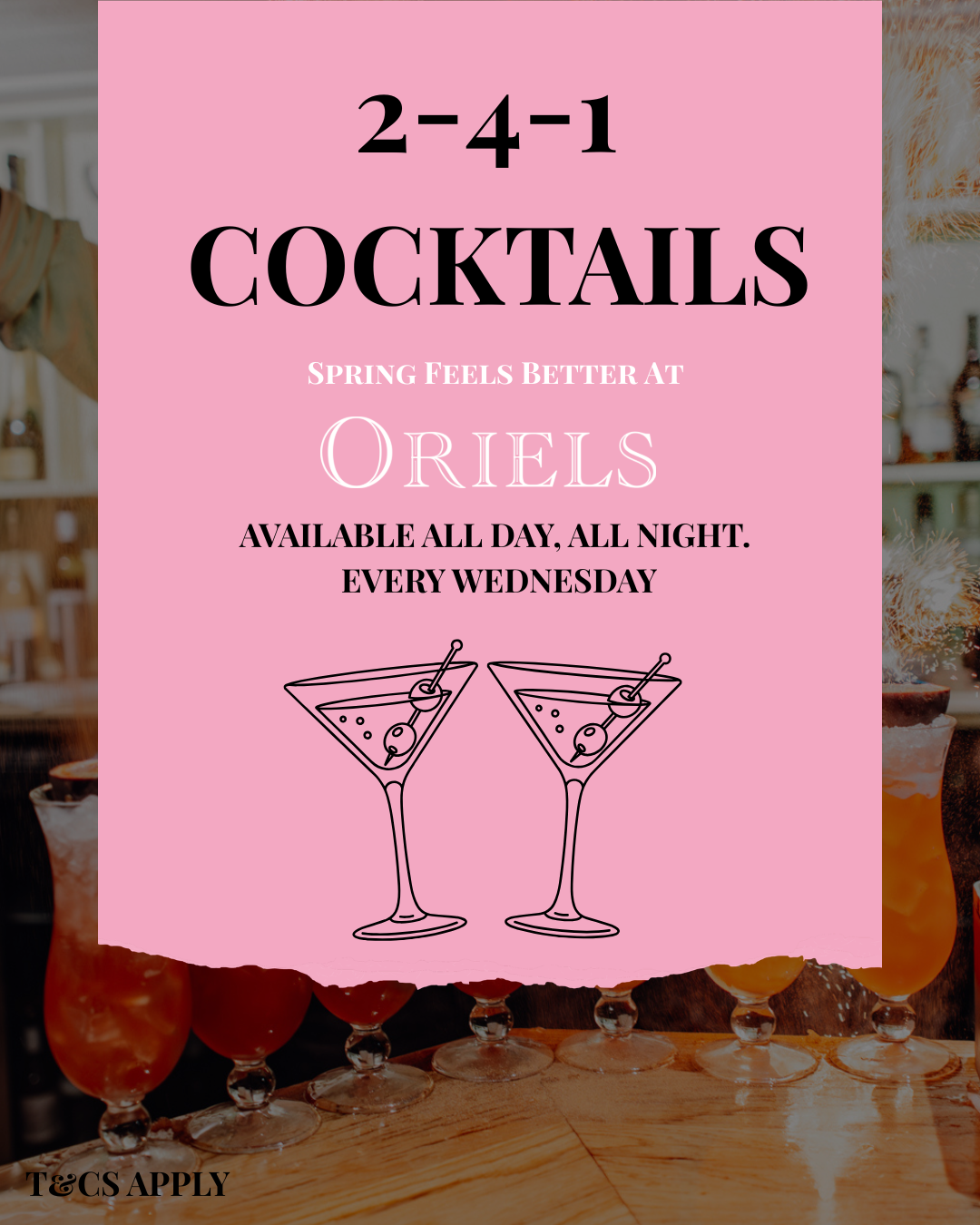 2 for 1 cocktails at Oriels Exeter