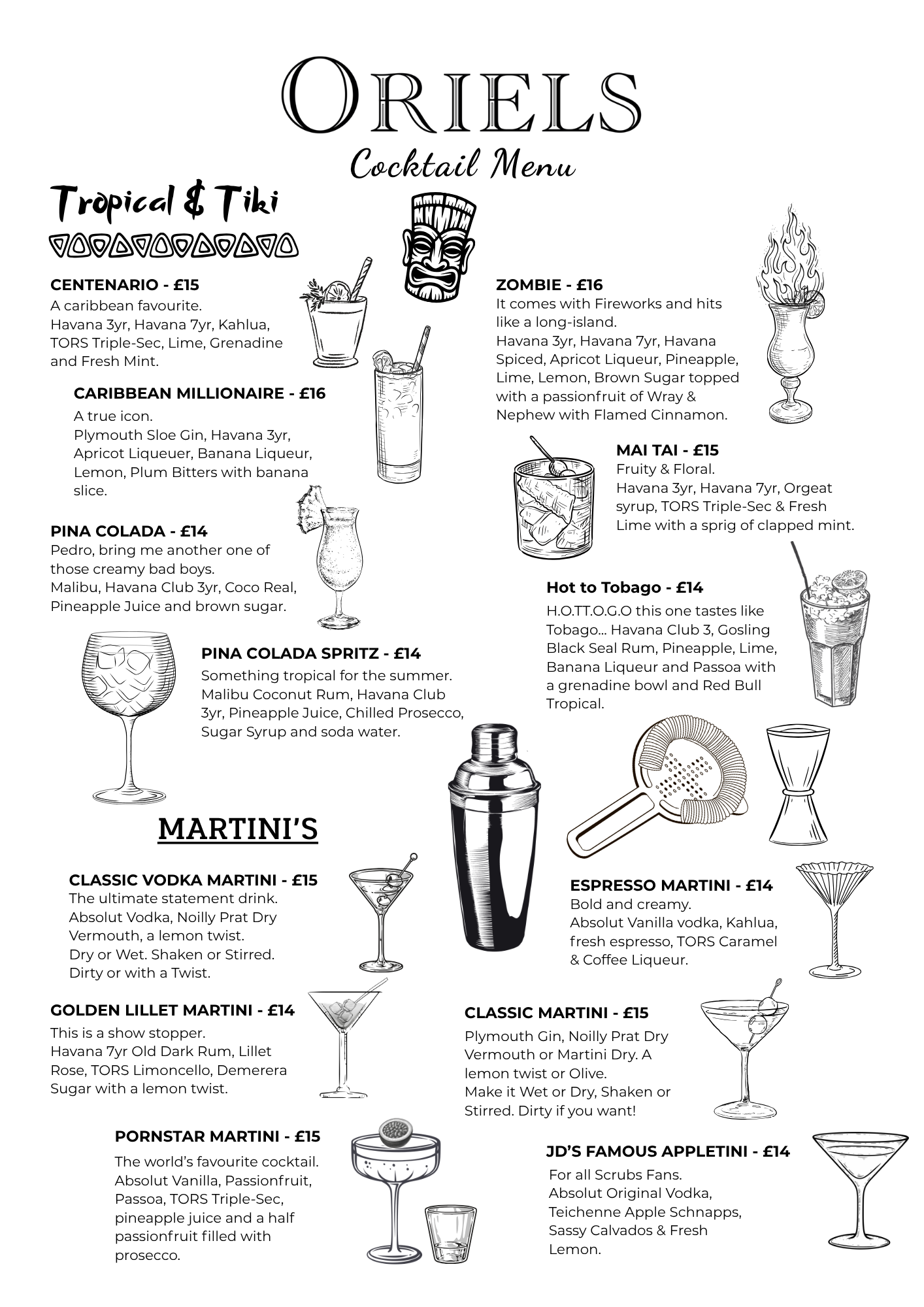 Preview of the Oriels Exeter Cocktail Menu