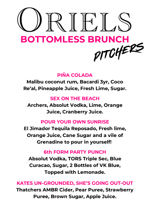 Preview of the Oriels Exeter Brunch Menu