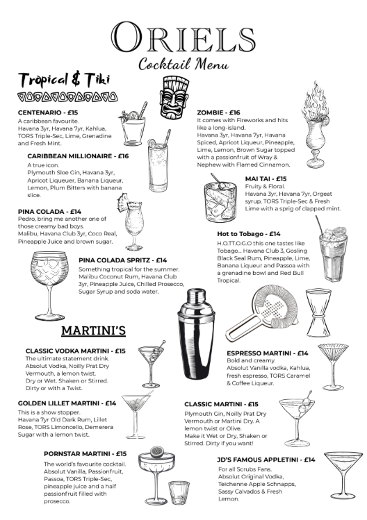 Preview of the Oriels Exeter Cocktail Menu